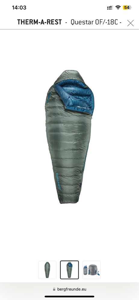 Thermarest Questar 0F/-18C, пуховий спальник, спальний мішок