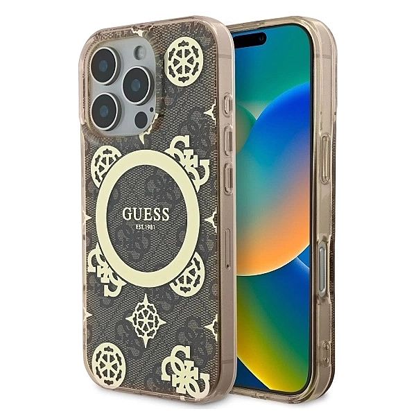 Etui Guess IML Peony On 4G Background MagSafe na iPhone 16 Pro - brązo