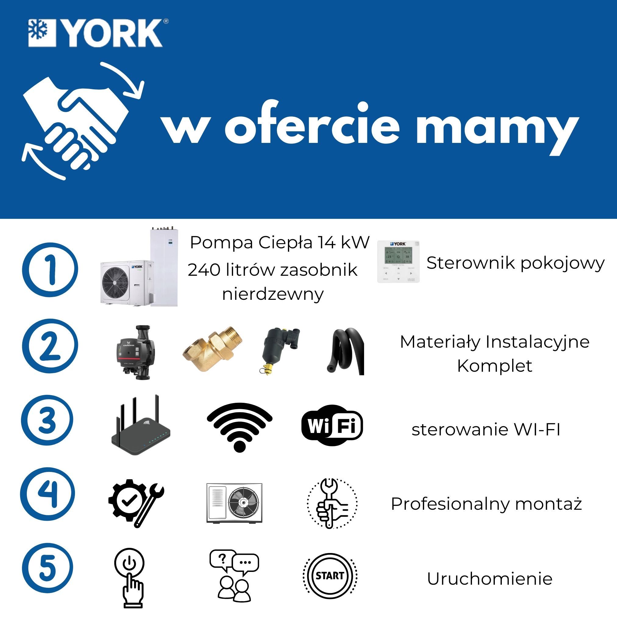 Pompa ciepła YORK 14 KW zasobnik 240 l. nierdzewny z montażem kotłowni