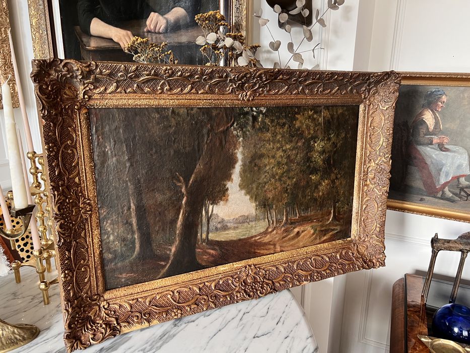 Stary duży obraz olejny antyk pejzaż drzewa las 1950 vintage zlota