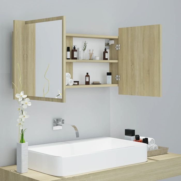 Vidaxl Szafka Łazienkowa Z Lustrem I Led, Dąb Sonoma, 90X12X45 Cm