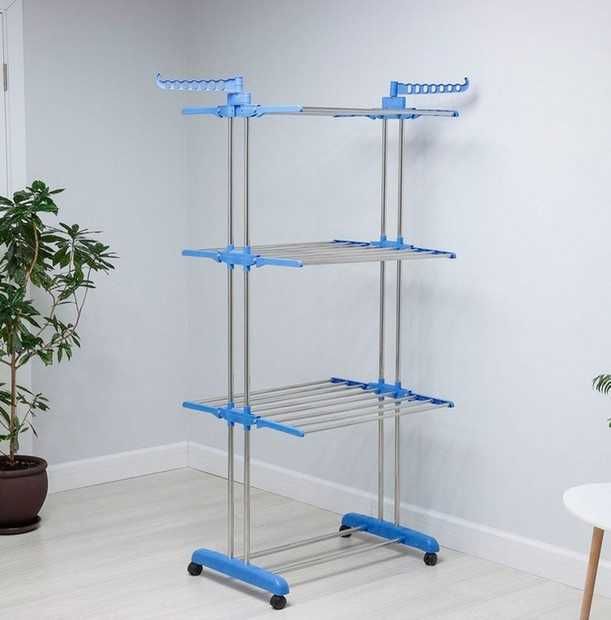 Сушарка для одягу багатоярусна на колесах складна металева стійка