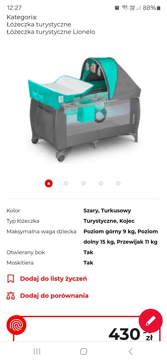 Łóżeczko 2w1 Lionelo Sven Plus Turquois jak Nowe e Grey