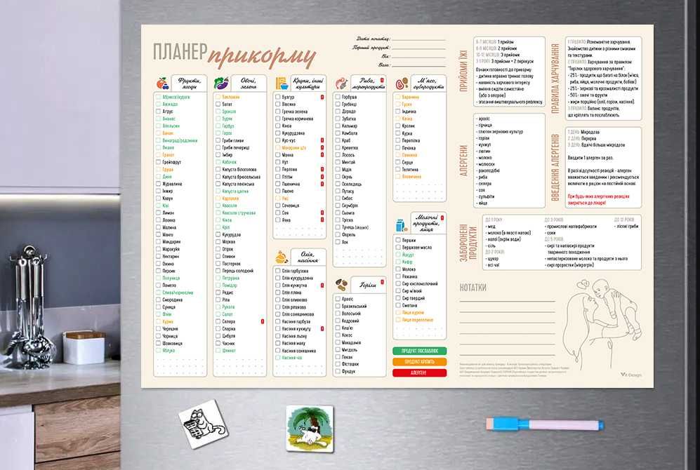 Магнітний планер прикорму (бежевий) пиши-стирай А3. 150 продуктів