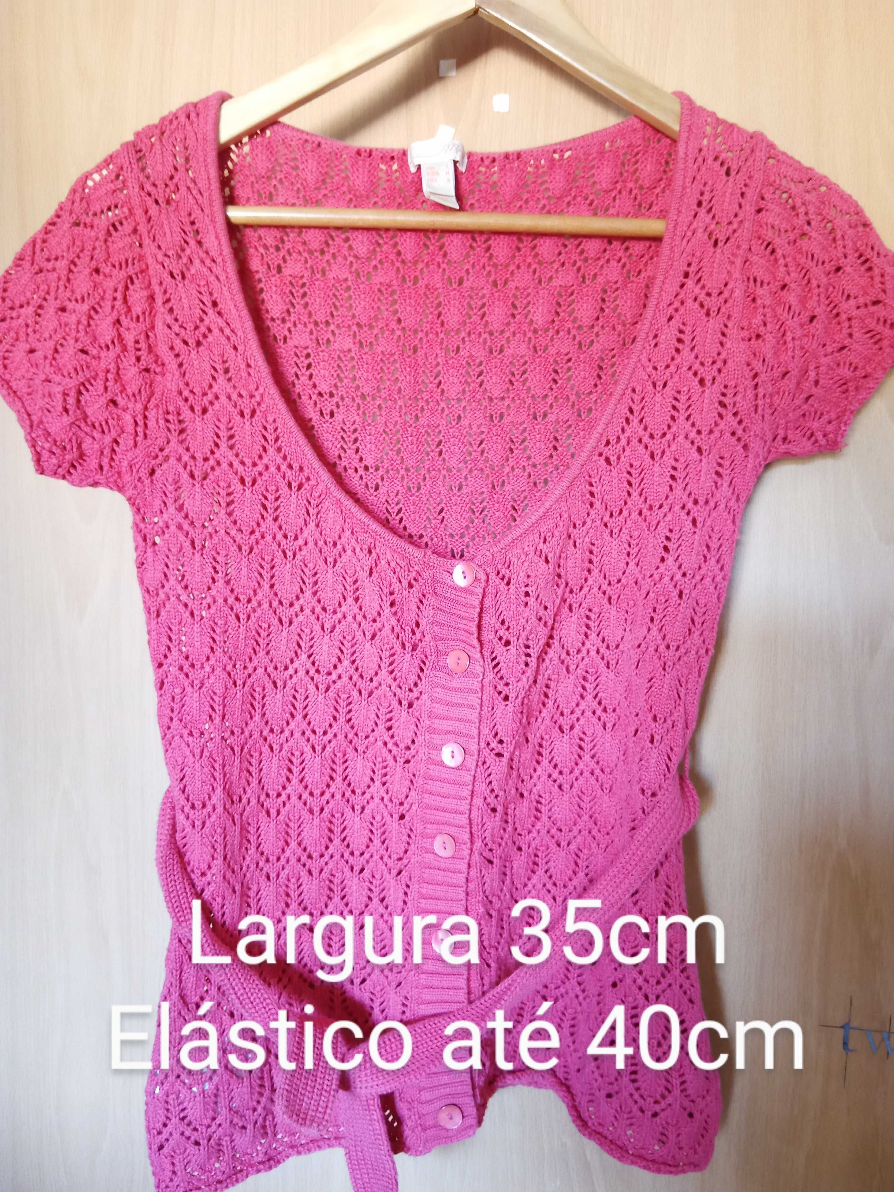 Casaco manga curta em crochê, rosa, tamanho XS
