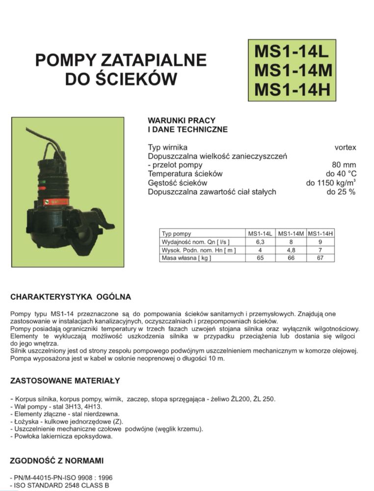 Pompa do ścieków przepompowni Metalchem MS1-14H 1,5kW 9l/s
