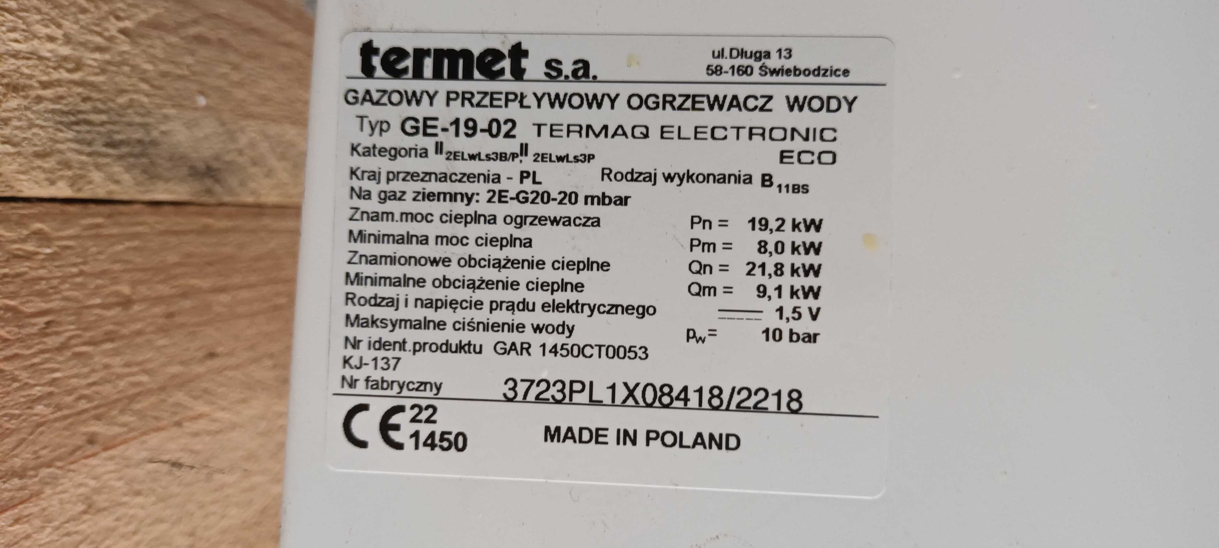 TERMET gazowy podgrzewacz wody jeszcze na gwarancji