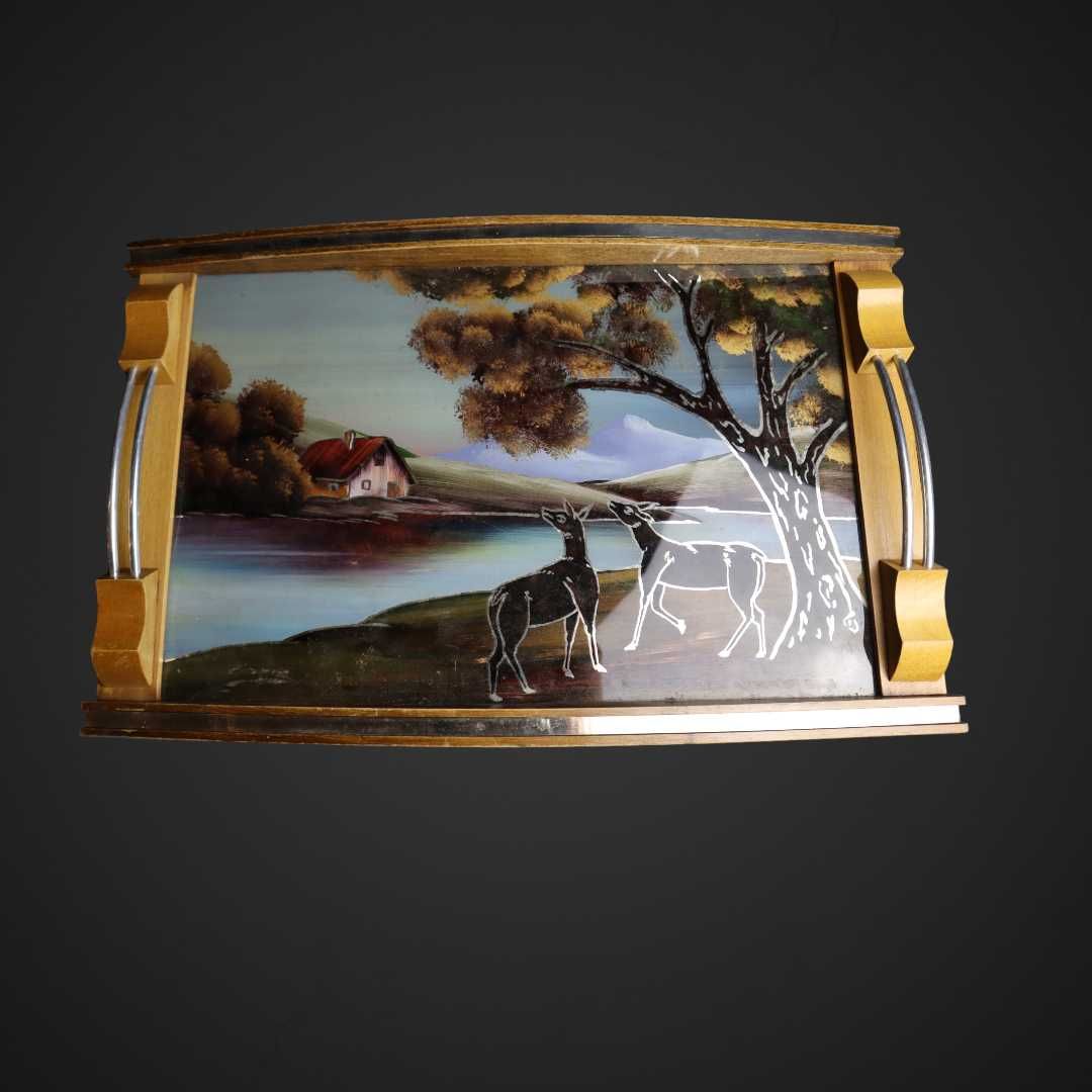 Taca Art Deco sygnowana z pejzażem ze szkła i drewna,  b41/051420