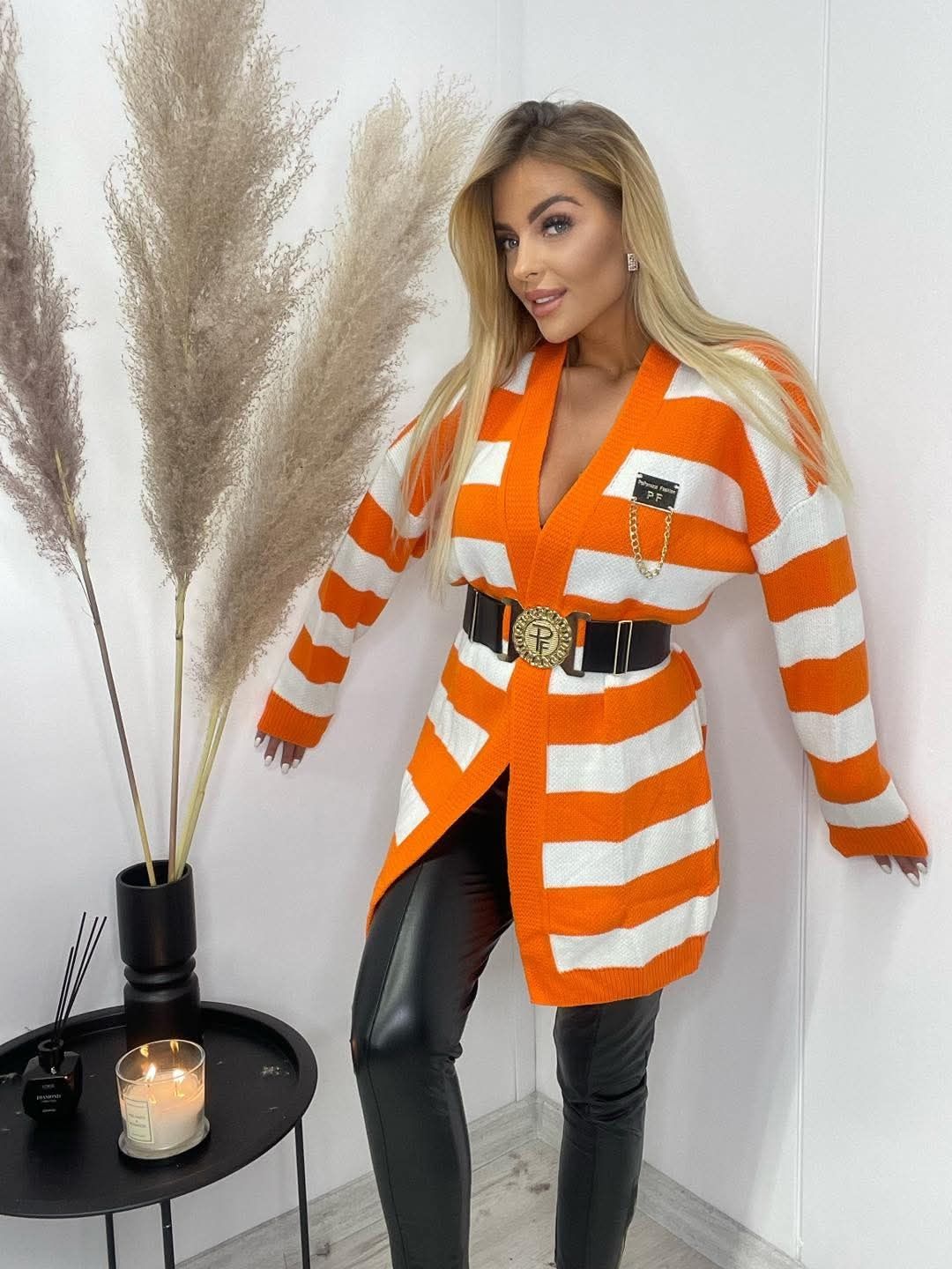 Piękny kardigan sweter paski logo paparazzi