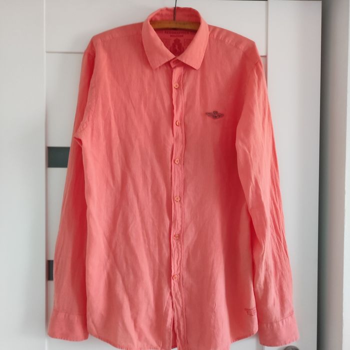 Aeronautica wyjątkowa koszula lniana kolor łososiowy koralowy L