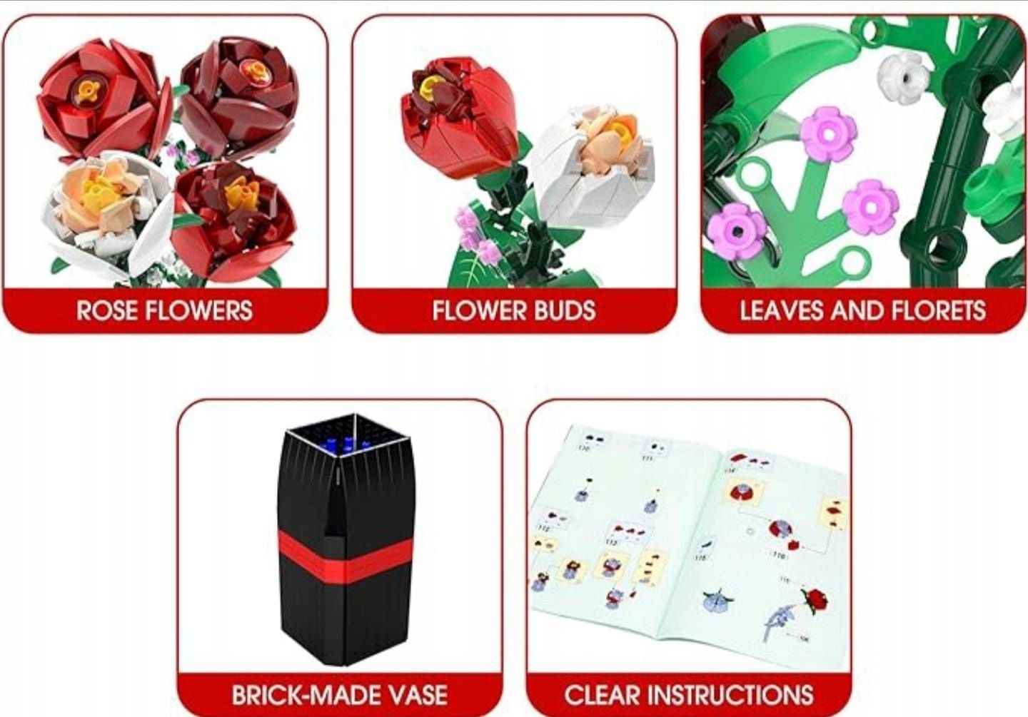Klocki Botanicals duży bukiet róż czerwone białe róże jak Lego nowe