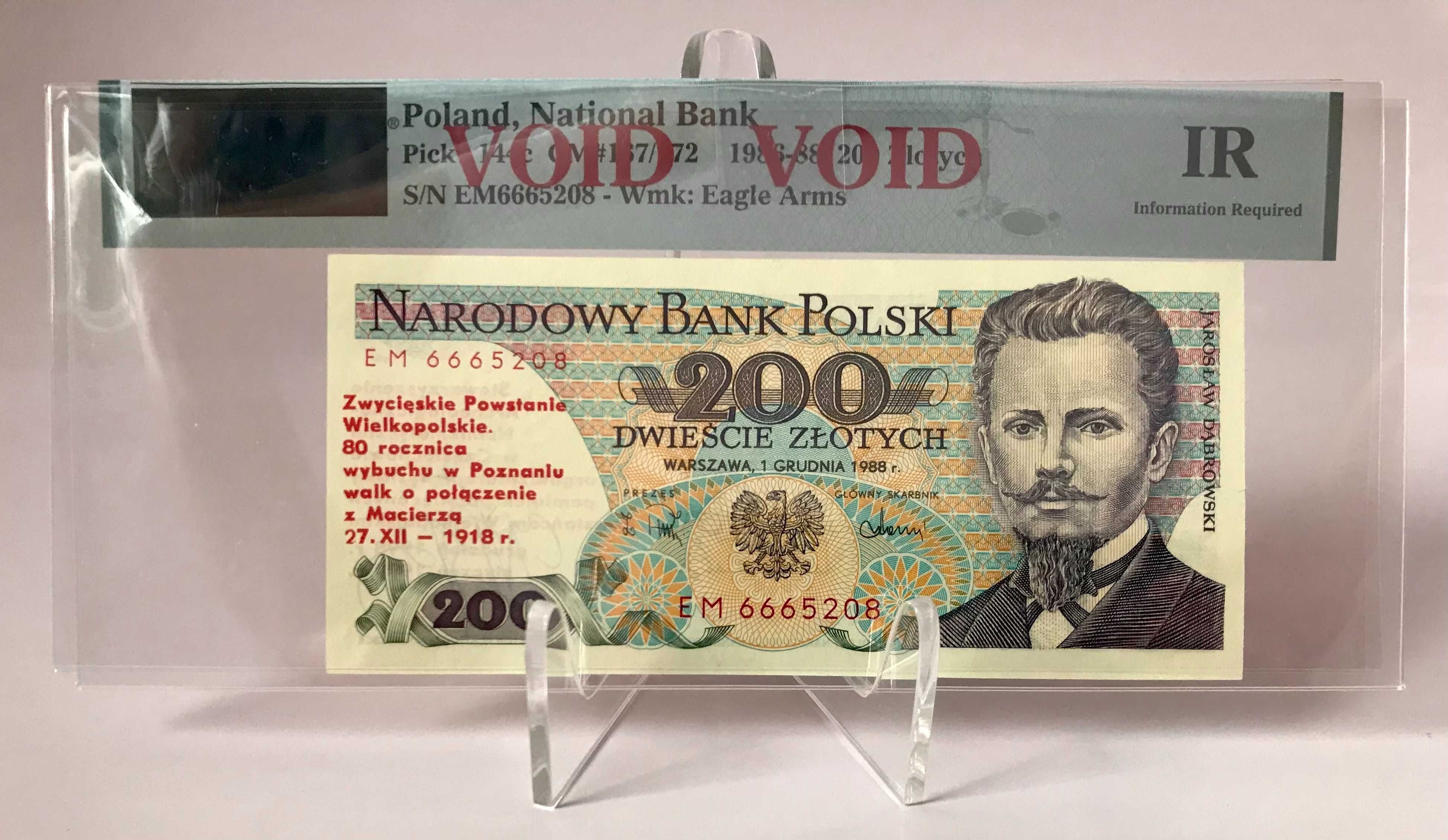 Banknot 200 zł z nadrukiem Powstanie Wielkop. 1988 rok, PMG VOID - UNC