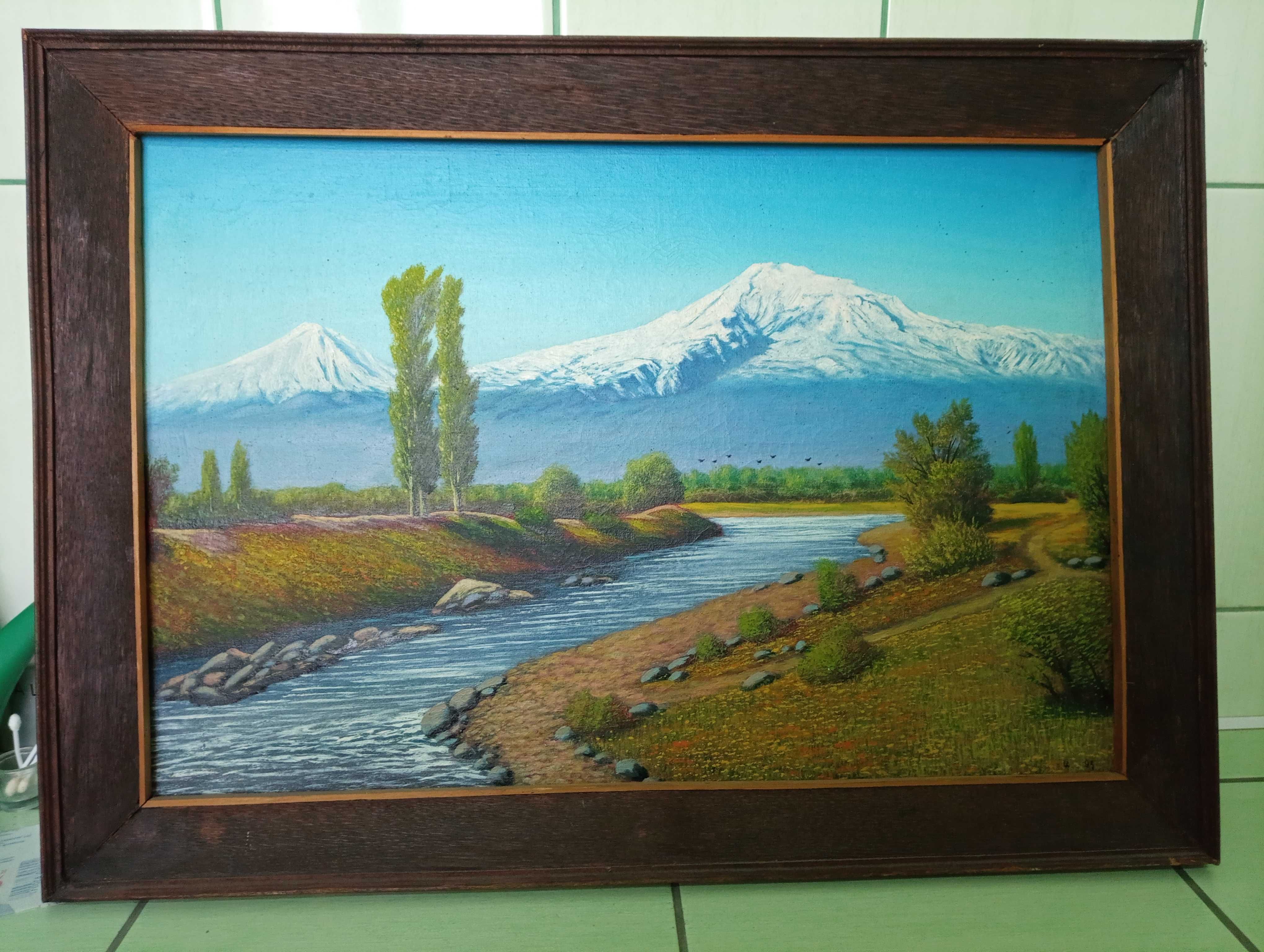 Картина холст масло 40х60 авторская 1989  Снежная вершина ,горная река