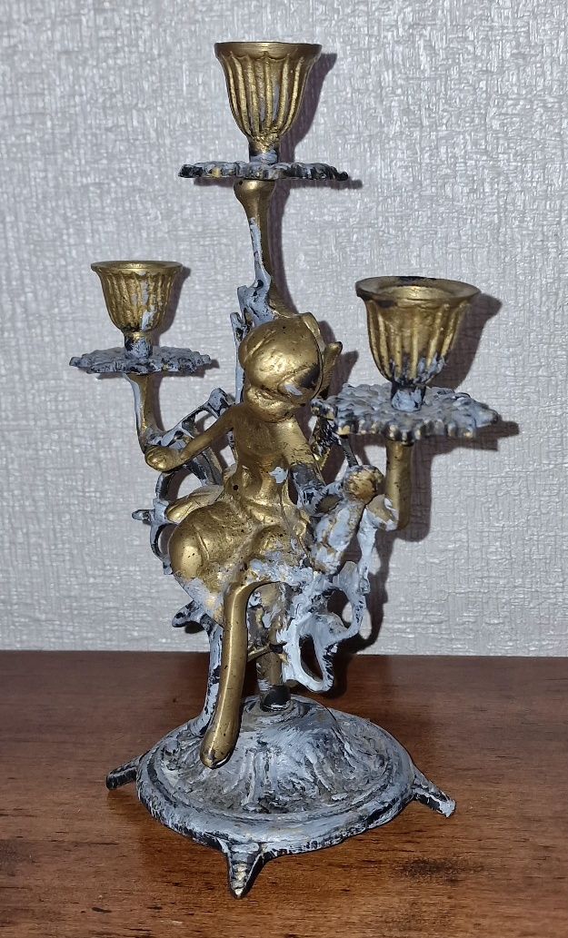 Candelabro com 3 braços e Anjo em Latão Sólido Dourado e Azul Vintage