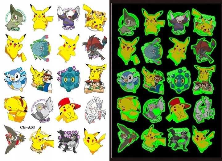 Tatuaże Pokemon Fluorescencyjne Pikatchu 40 sztuk +50 naklejek Pokemon