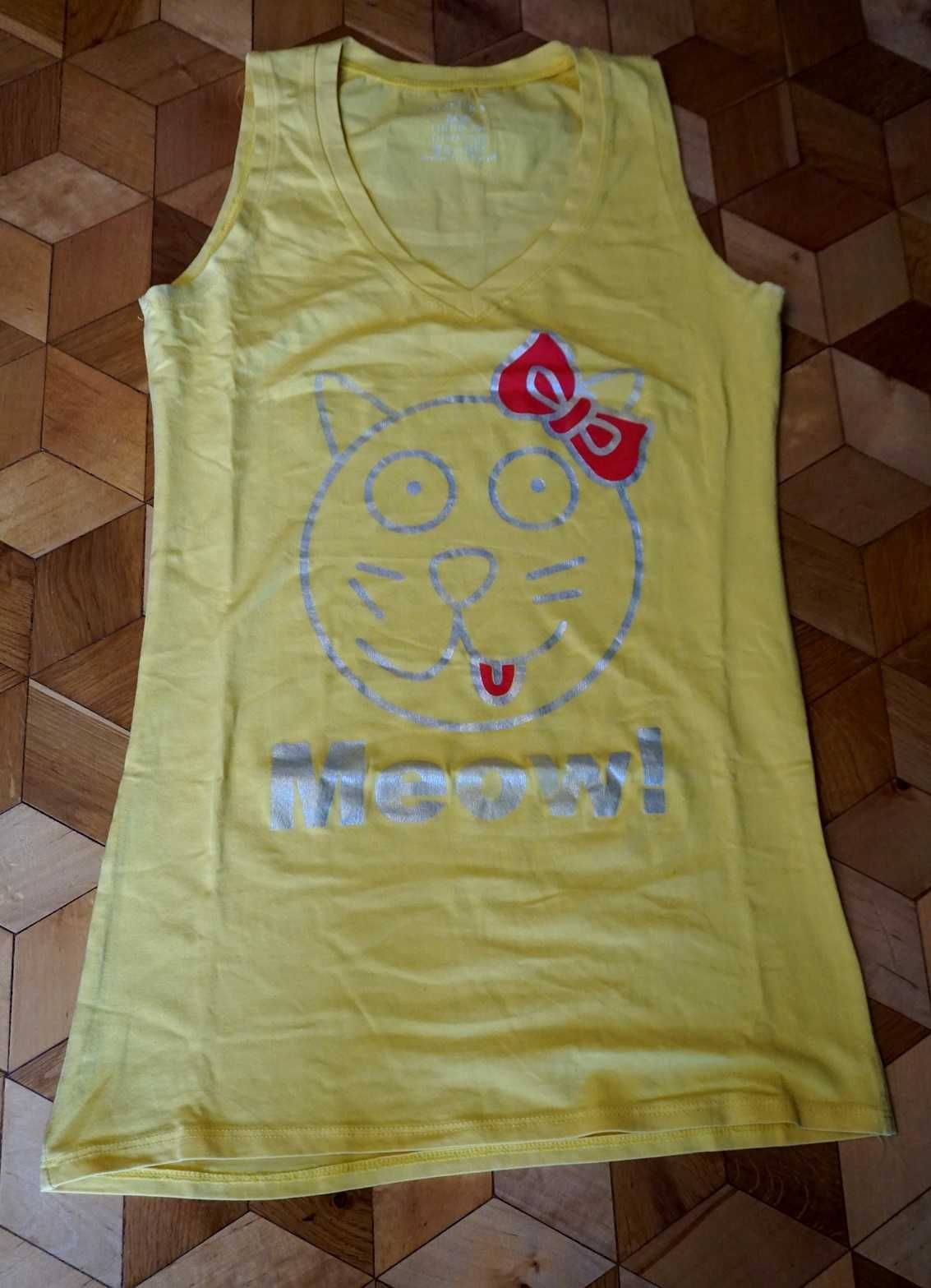 Żółty top M 38 L 40 t-shirt bluzka koszulka z nadrukiem Kot Meow Miał