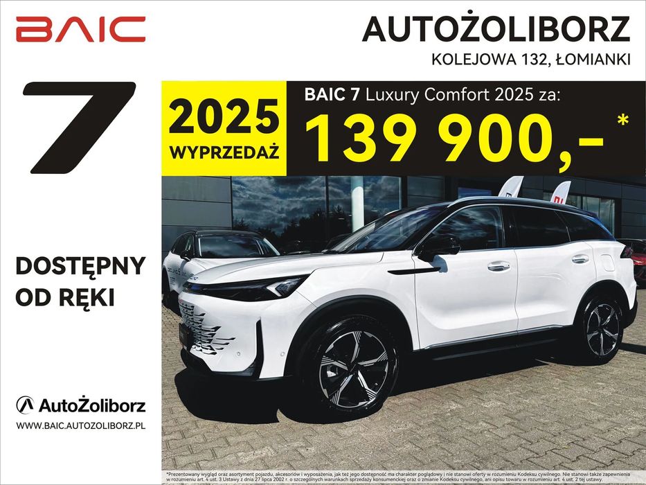 BAIC 7 Comfort, LPG za 1 zł, kredyt 3x33% lub 50/50  z RRSO 0%, Polisa za 1zł