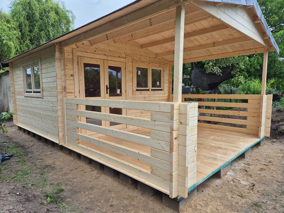 od RĘKI piękny domek drewniany + TARAS* 7m x 4m*28 m2 *SCIANY aż 45 mm