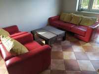 Komplet: sofa rozkładana czerwona, skóra + dwa fotele