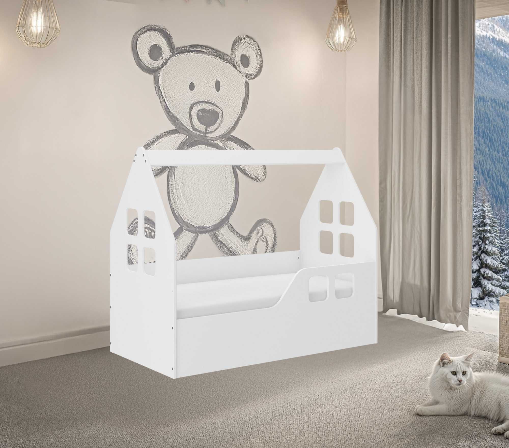 Łóżko dziecięce DOMEK 140x70 + materac + pokrowiec BIAŁE HIT