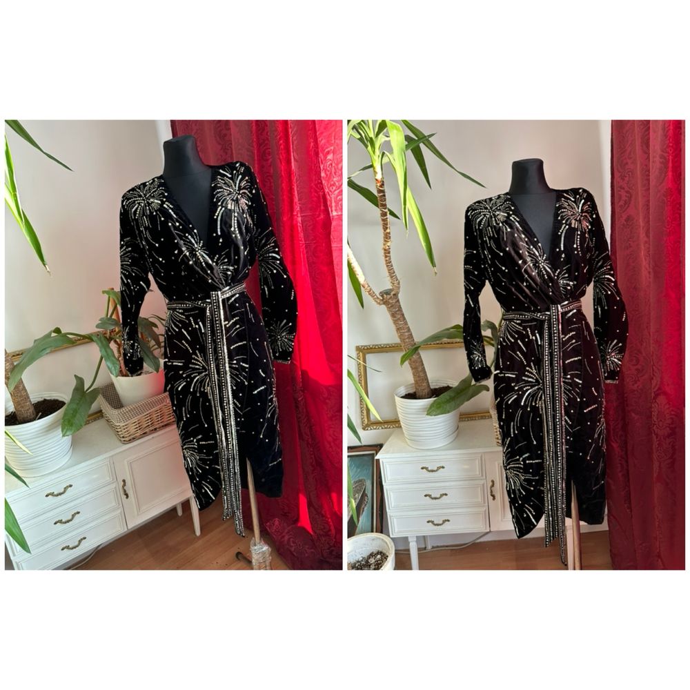 aksamitna sukienka midi kopertowa cekinowa zdobiona  36 s asos luxe