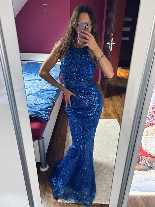 Sukienka maxi długa zdobiona niebieska cekiny brokat s m syrenka butik