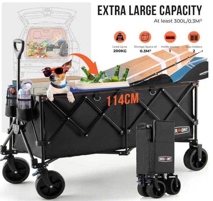 !NOVO!Carrinho Dobrável Overmont 250L 200kg XXL–Praia,Campismo,Jardim