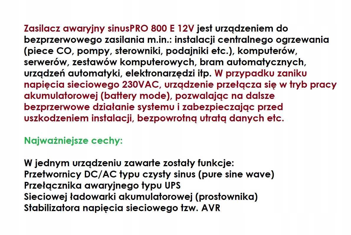 Awaryjne zasilanie UPS SINUS PRO 800E Volt+ akumulator AGM 100 AH Volt