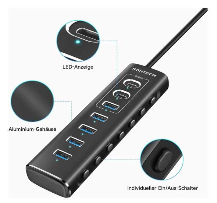 Hub USB 7 portów z wyłącznikiem każdego portu RSHTECH