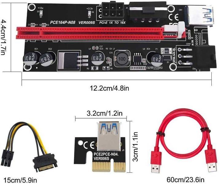 Pack de 6 Placas Riser PCI-e 1x 16x / USB3 / 2x6pin / Molex 009S