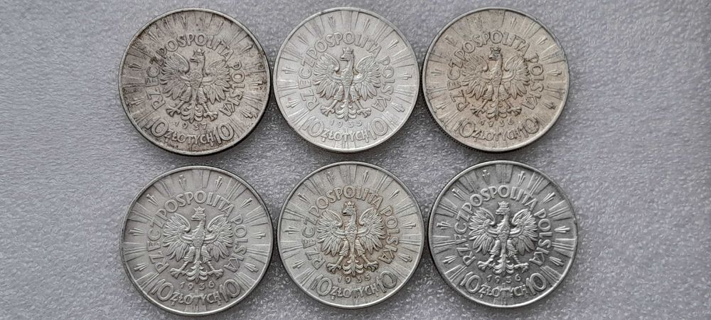 II RP.10 złotych 1935,1936,1937 Piłsudski–WIELKI ZESTAW 6 sztuk-SREBRO