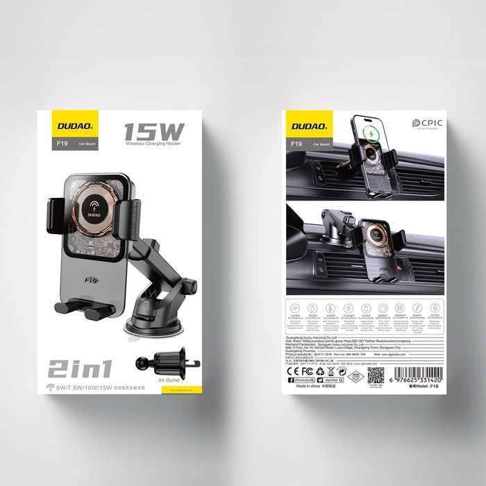 Uchwyt samochodowy Dudao F19 zaciskowy z ładowarką indukcyjną 15W