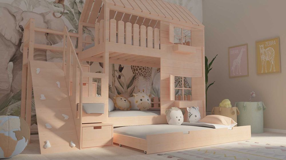 Łóżko piętrowe domek ze schodami i ścianką wspinaczkową