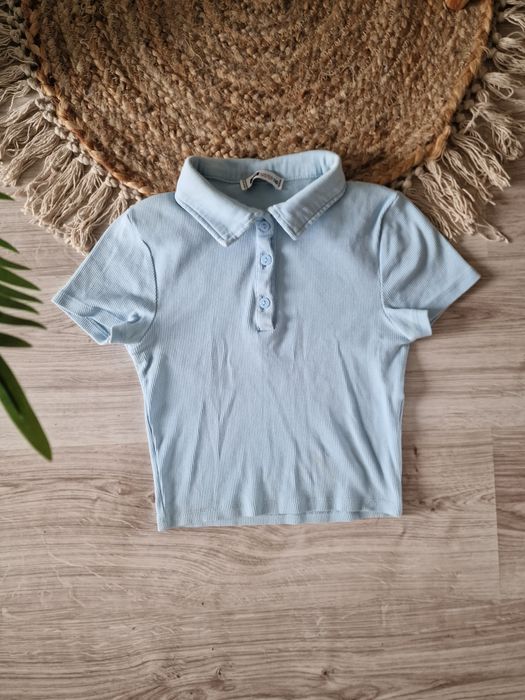 Tshirt polo błękitny crop top XXS Sinsay