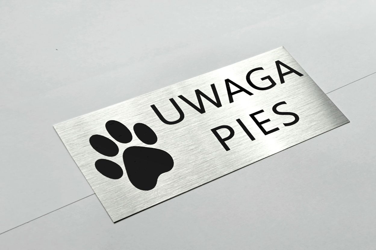 Srebrna tabliczka Uwaga Pies łapka