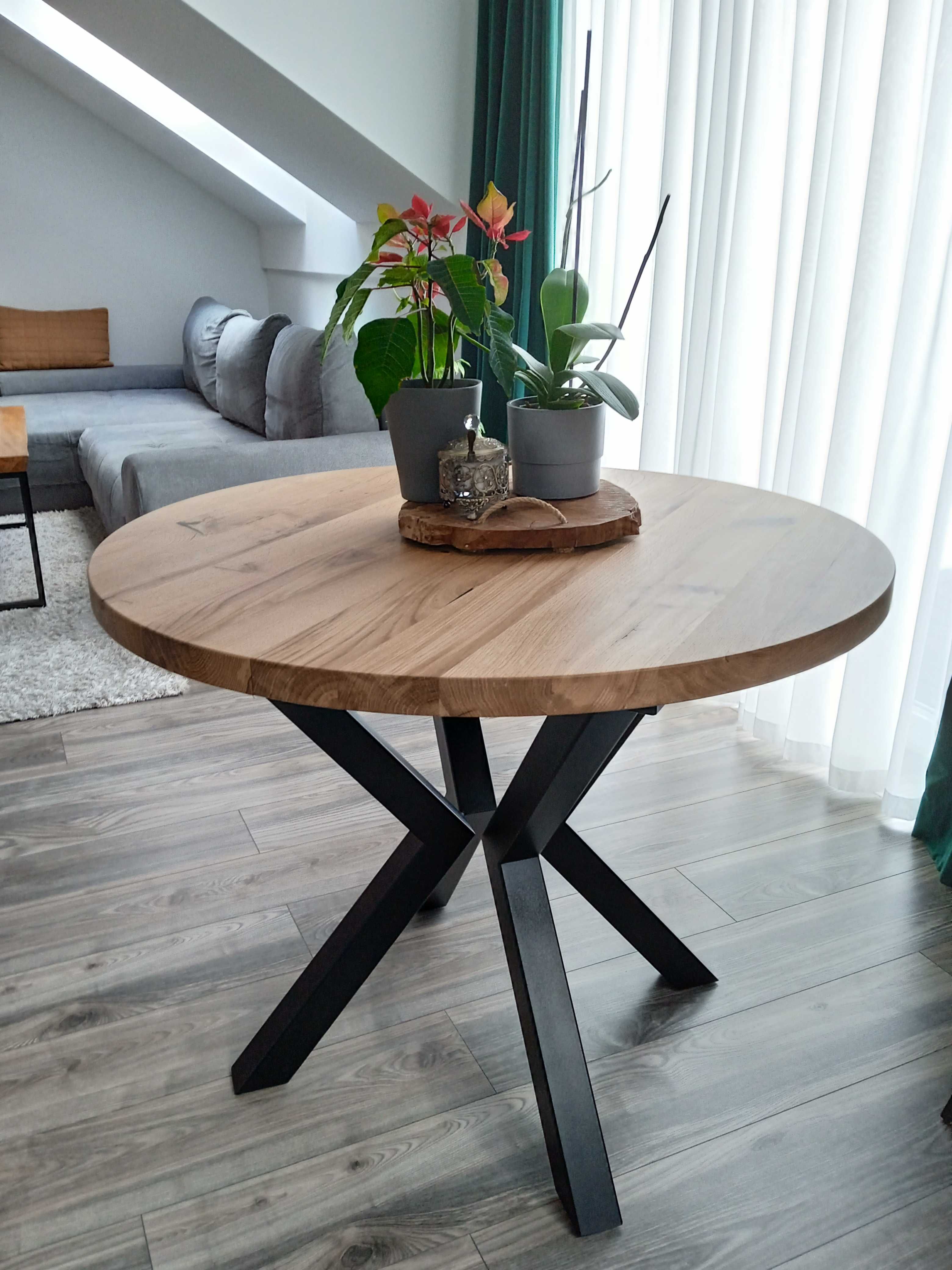 Stół drewniany dębowy-okrągły-metalowe nogi