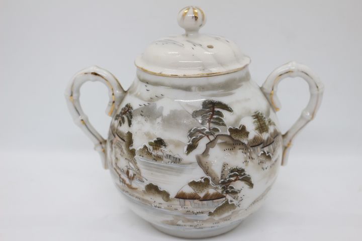 Açucareiro Porcelana Oriental Paisagem Cinza Casca de Ovo XIX