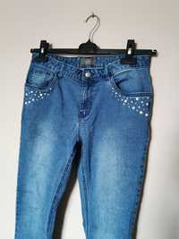 Jeansy dżinsy wysoki stan kryształki perełki skinny L 40 vintage boho