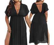 Czarna sukienka letnia plażowa PLUS SIZE 3XL dekolt rozcięcie