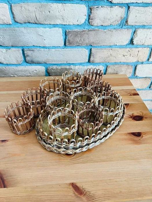 Uchwyt wiklinowy do szklanek 11 sztuk + taca Styl Retro Vintage