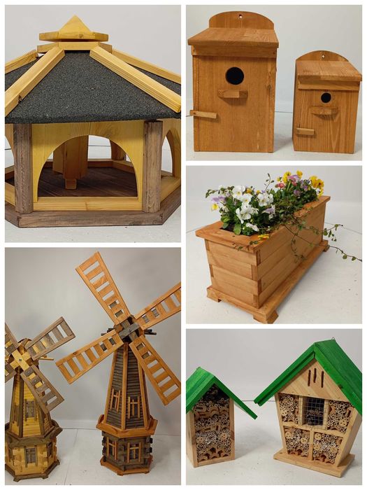 Ogrodowe karmnik, donica, latarnia, domek dla owadów itp
