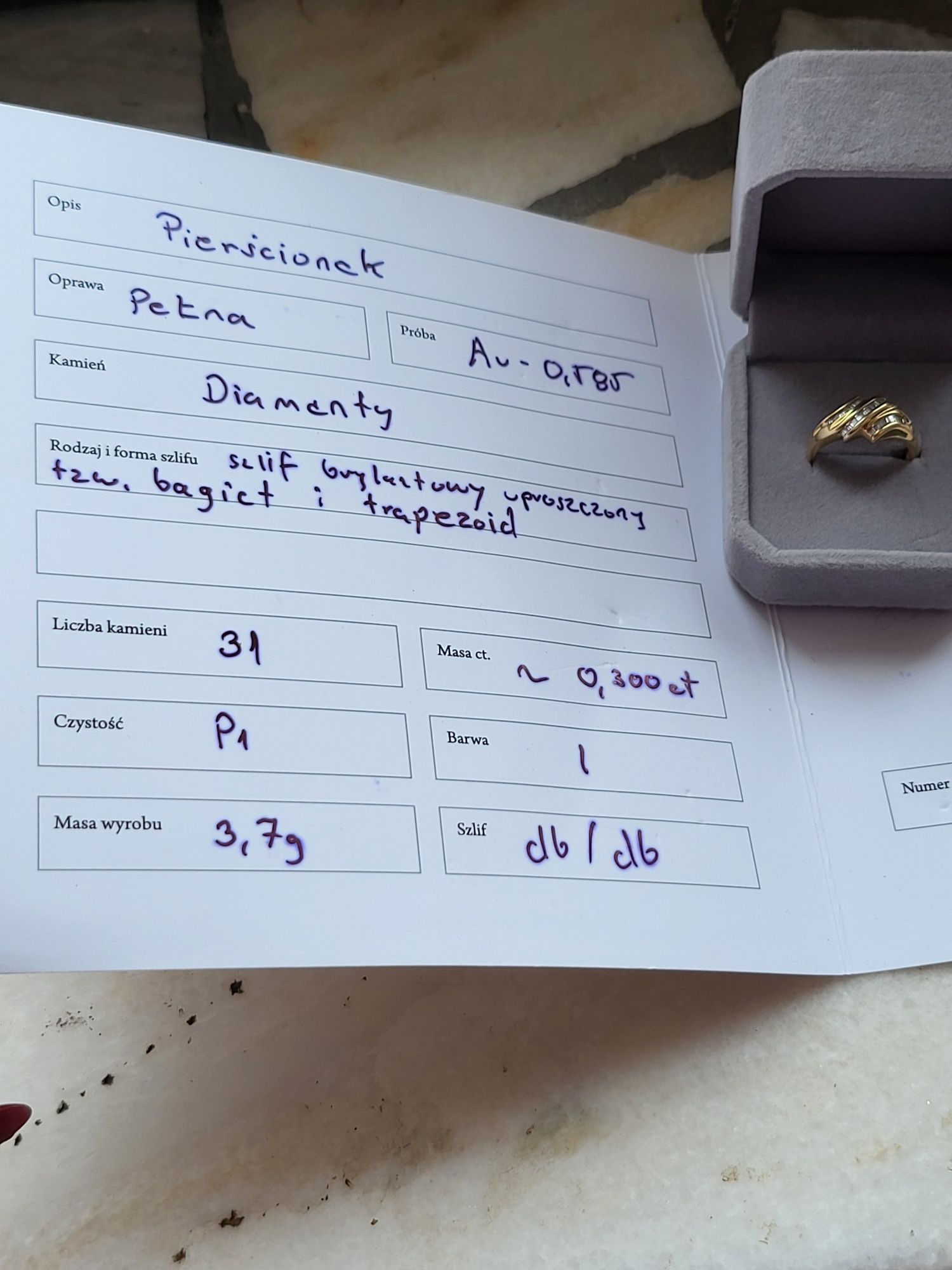 Złoty pierścionek 585 z diamentami 0.3 ct cudo certyfikat