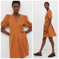 H&M M linen blend naturalna kopertowa sukienka ruda pomarańczowa mini