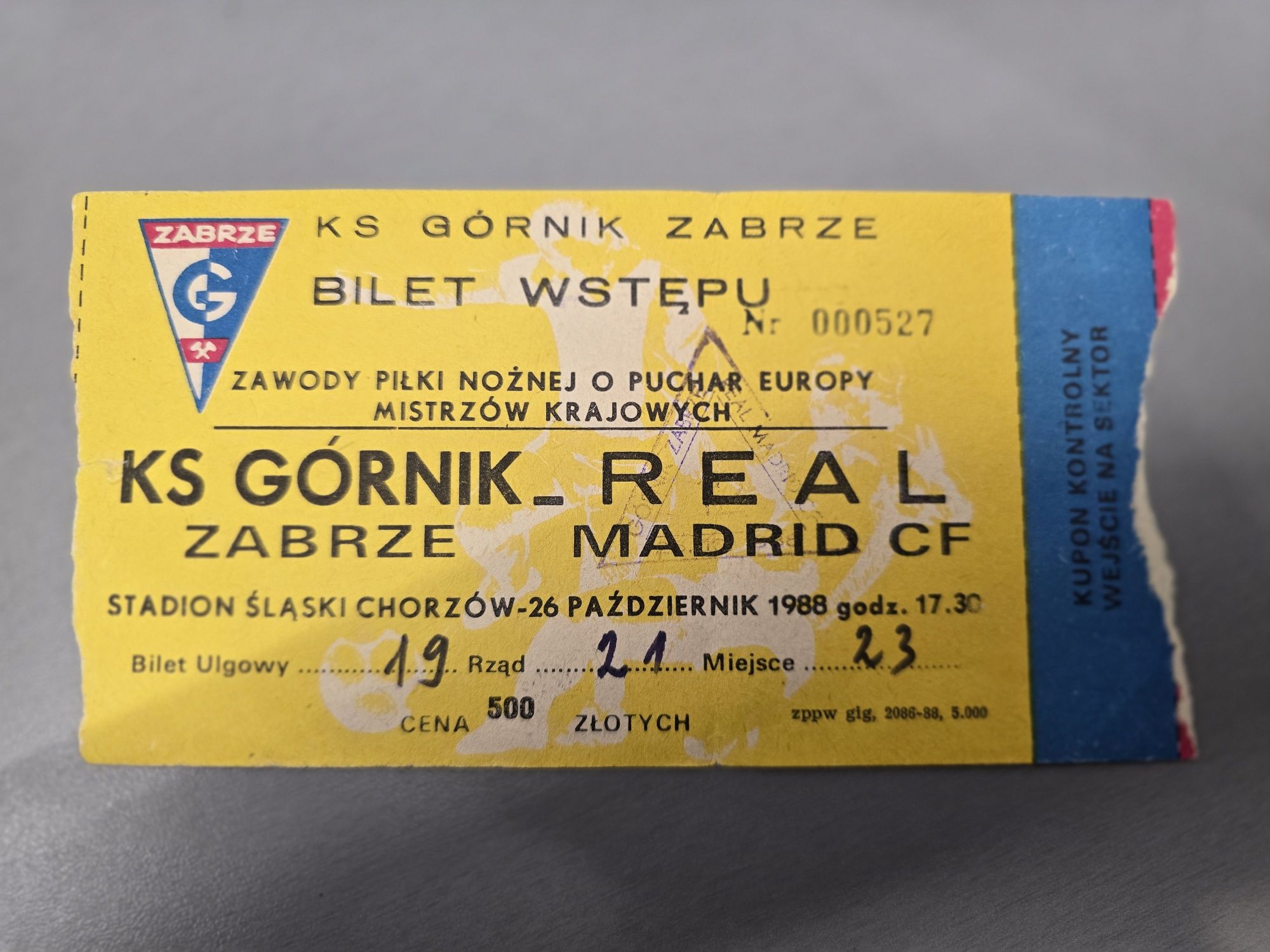 Bilet Górnik Zabrze Real Madryt 1988 Puchar Europy unikat