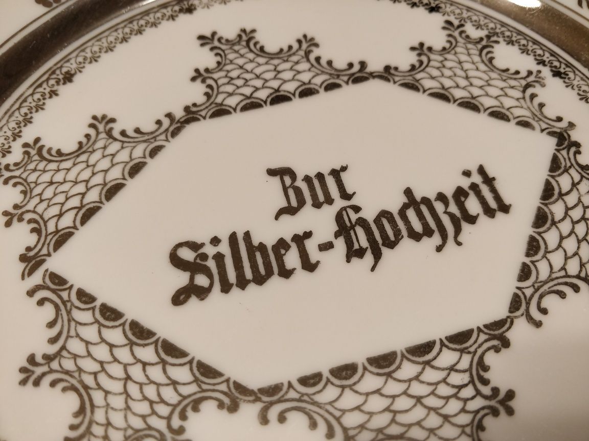 Stary elegancki talerz Bur Silber-Hochzeit z okazji srebrnej rocznicy