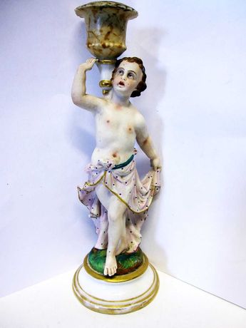lindo antigo castiçal figurativo em porcelana francesa pintada à mão