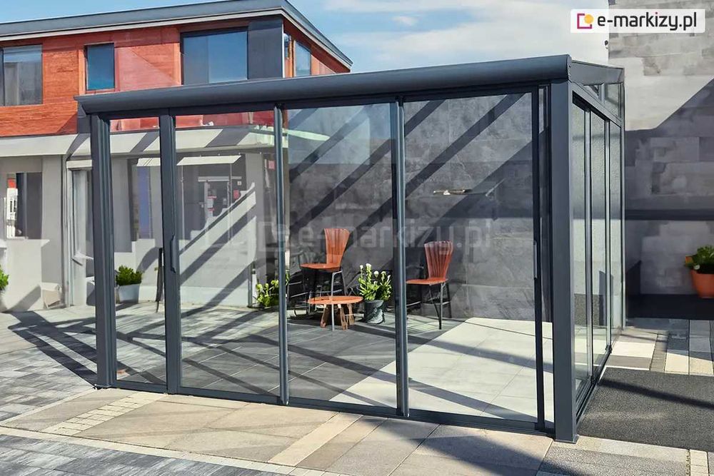 OKAZJA OUTLET – Zadaszenie szklane 407×360+kliny+Drzwi przesuwne