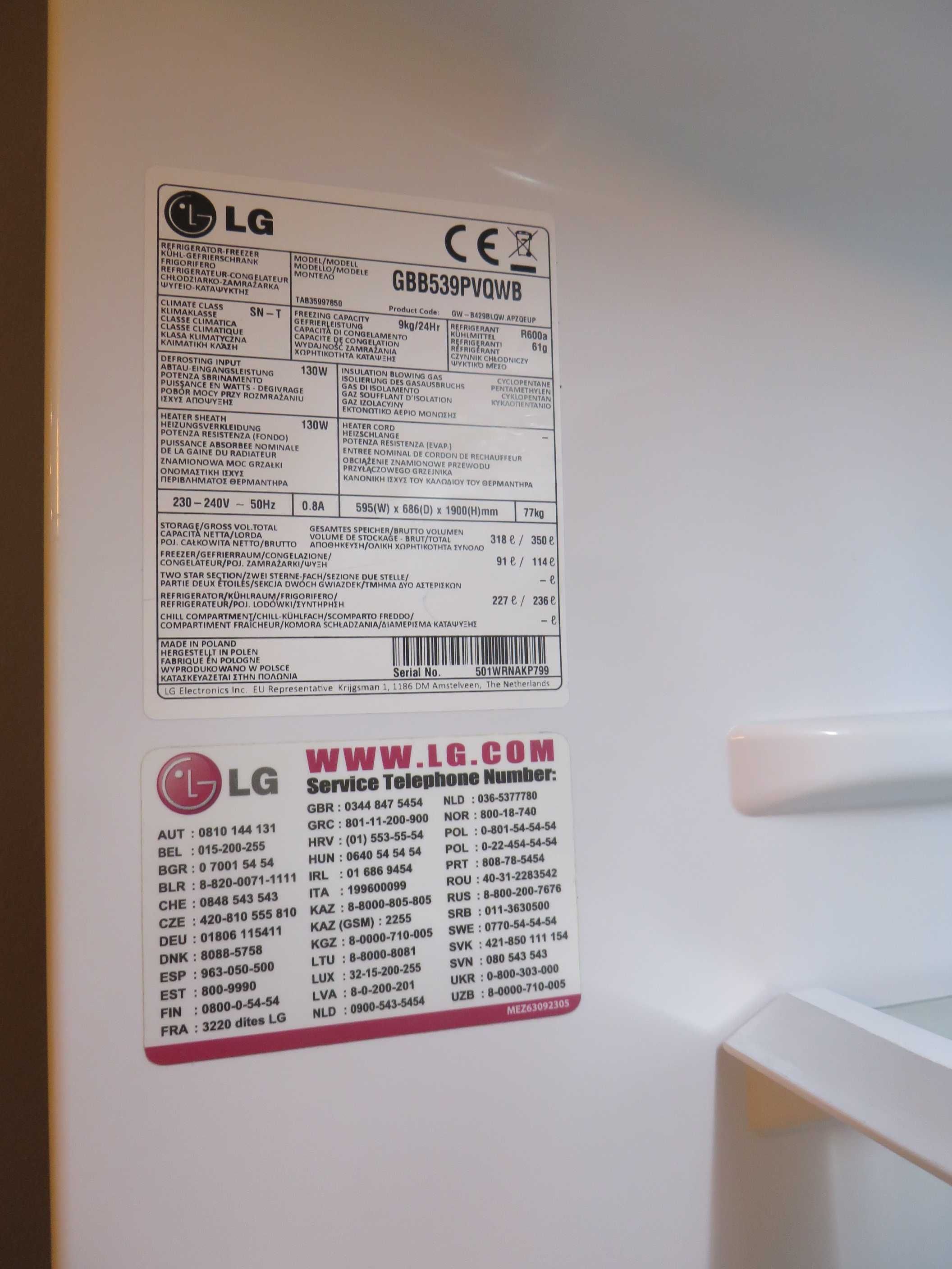 Lodówko zamrażarka LG TOTAL NO FROST GBB539PVQWB.