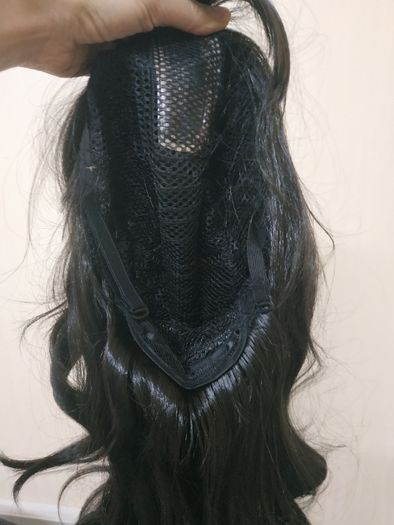 парик волнистый черный с челкой и пробором имитация кожи длинный