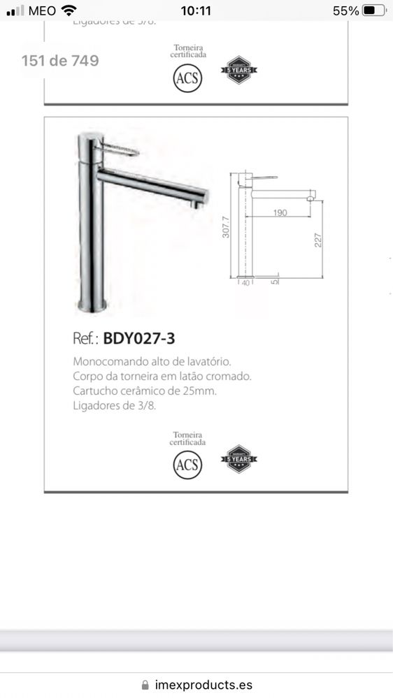 Torneira monocomando  de lavatório alta de bica comprida IMEX MILOS